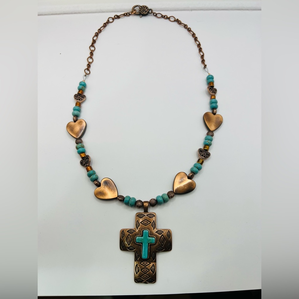 Custom western necklace. Copper with turquoise and assorted size hearts